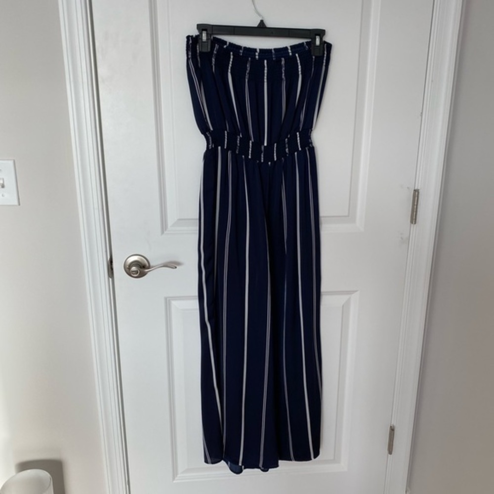 Forever 21 Navy Blue and White Striped Strapless Jumpsuit - Picture 4 of 4